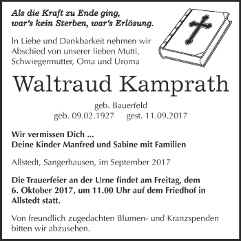 Traueranzeige von Waltraud Kamprath von Super Sonntag SGH Mansf. Land