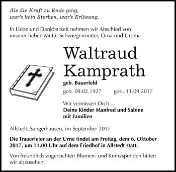 Traueranzeige von Waltraud Kamprath von Mitteldeutsche Zeitung Sangerhausen