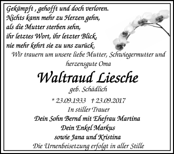 Traueranzeige von Waltraud Liesche von WVG - Wochenspiegel Bitterfeld
