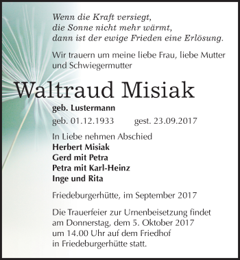 Traueranzeige von Waltraud Misiak von Mitteldeutsche Zeitung Mansfelder Land