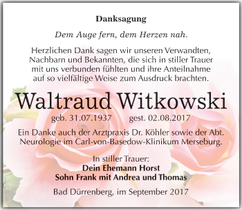 Traueranzeige von Waltraud Witkowski von Mitteldeutsche Zeitung Merseburg/Querfurt