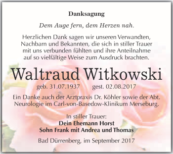 Traueranzeige von Waltraud Witkowski von Super Sonntag Merseburg
