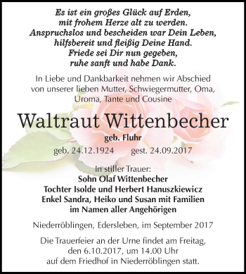 Traueranzeige von Waltraut Wittenbecher von Super Sonntag SGH Mansf. Land