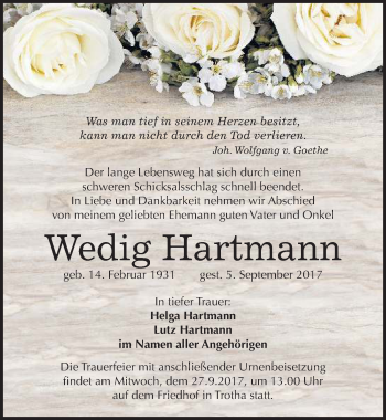 Traueranzeige von Wedig Hartmann von Mitteldeutsche Zeitung Halle/Saalkreis