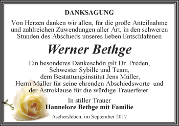 Traueranzeige von Werner Bethge von Mitteldeutsche Zeitung Aschersleben