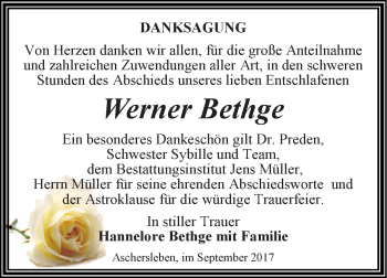 Traueranzeige von Werner Bethge von Super Sonntag Aschersleben