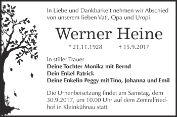 Traueranzeige von Werner Heine von WVG - Wochenspiegel Dessau / Köthen