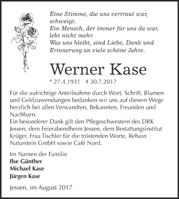 Traueranzeige von Werner Kase von WVG - Wochenspiegel Wittenberg