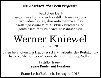 Traueranzeige von Werner Kniewel von WVG - Wochenspiegel Merseburg