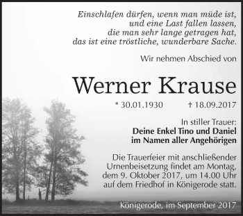 Traueranzeige von Werner Krause von WVG - Wochenspiegel Quedlinburg
