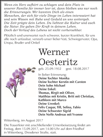 Traueranzeige von Werner Oesteritz von WVG - Wochenspiegel Wittenberg