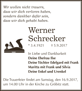 Traueranzeige von Werner Schrecker von WVG - Wochenspiegel NMB / WSF / ZTZ