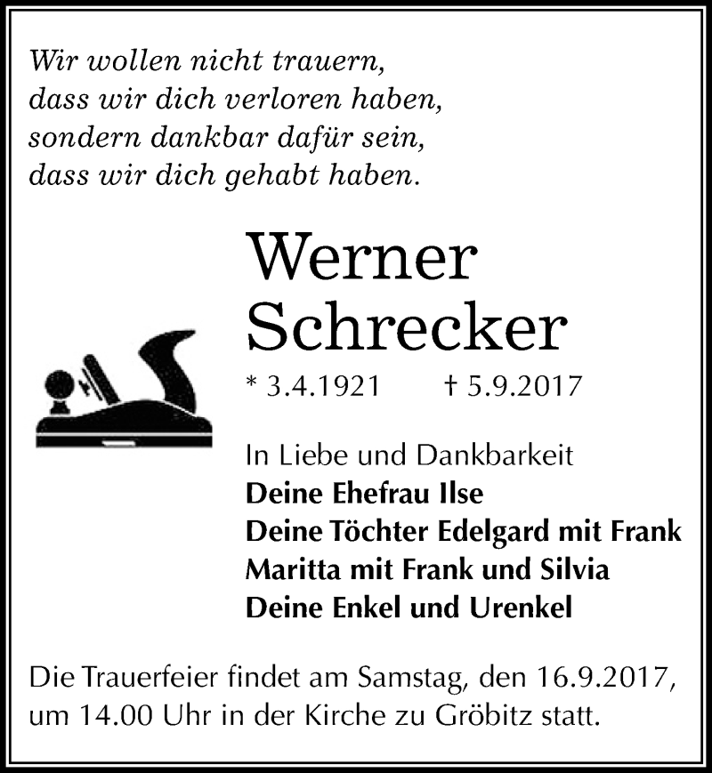  Traueranzeige für Werner Schrecker vom 09.09.2017 aus Mitteldeutsche Zeitung Weißenfels