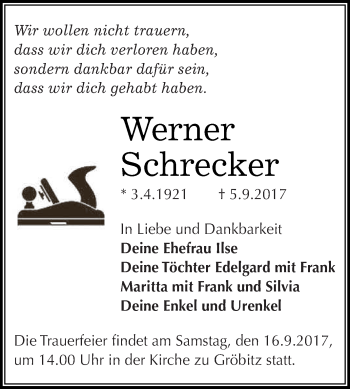 Traueranzeige von Werner Schrecker von WVG - Wochenspiegel NMB / WSF / ZTZ