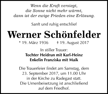 Traueranzeige von Werner Schönfelder von Mitteldeutsche Zeitung Köthen