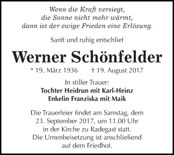 Traueranzeige von Werner Schönfelder von WVG - Wochenspiegel Dessau / Köthen