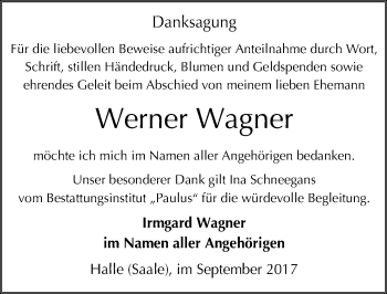 Traueranzeige von Werner Wagner von Mitteldeutsche Zeitung Halle/Saalkreis