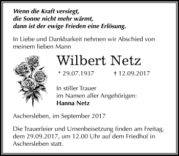 Traueranzeige von Wilbert Netz von Mitteldeutsche Zeitung Aschersleben