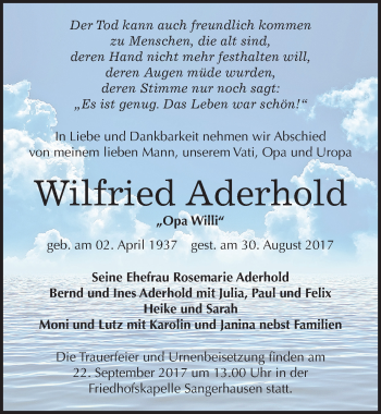 Traueranzeige von Wilfried Aderhold von Mitteldeutsche Zeitung Sangerhausen
