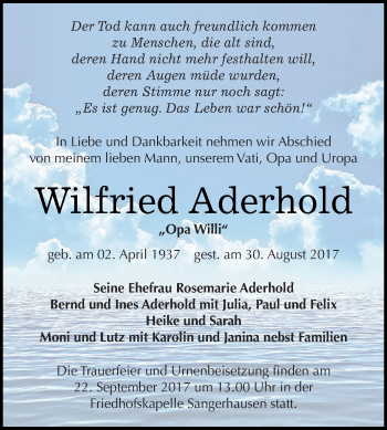 Traueranzeige von Wilfried Aderhold von Super Sonntag SGH Mansf. Land