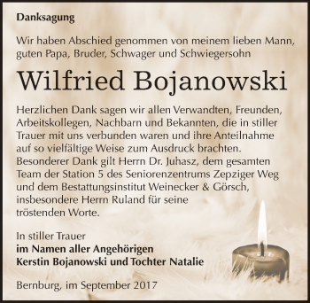 Traueranzeige von Wilfried Bojanowski von Mitteldeutsche Zeitung Bernburg