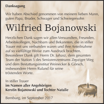 Traueranzeige von Wilfried Bojanowski von Super Sonntag Bernburg