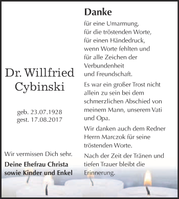 Traueranzeige von Willfried Cybinski von WVG - Wochenspiegel Bitterfeld
