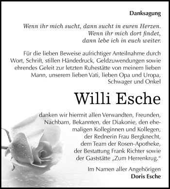 Traueranzeige von Willi Esche von Super Sonntag SGH Mansf. Land