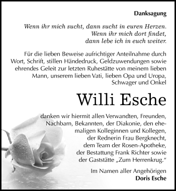Traueranzeige von Willi Esche von Mitteldeutsche Zeitung Sangerhausen