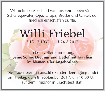 Traueranzeige von Willi Friebel von Mitteldeutsche Zeitung Halle/Saalkreis