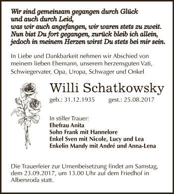 Traueranzeige von Willi Schatkowsky von WVG - Wochenspiegel NMB / WSF / ZTZ