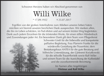 Traueranzeige von Willi Wilke von WVG - Wochenspiegel Dessau / Köthen