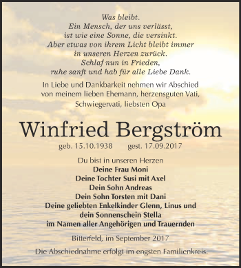 Traueranzeige von Winfried Bergström von WVG - Wochenspiegel Bitterfeld