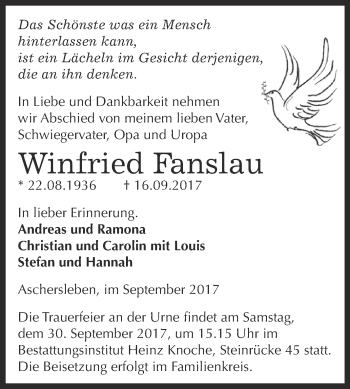 Traueranzeige von Winfried Fanslau von Super Sonntag Aschersleben