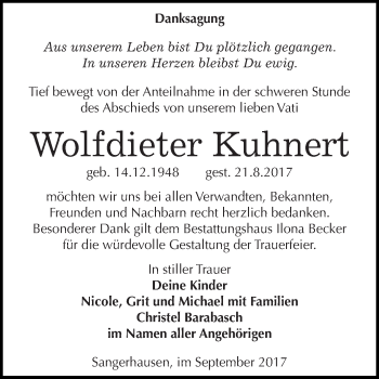 Traueranzeige von Wolfdieter Kuhnert von Super Sonntag SGH Mansf. Land