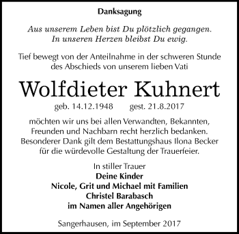 Traueranzeige von Wolfdieter Kuhnert von Mitteldeutsche Zeitung Sangerhausen