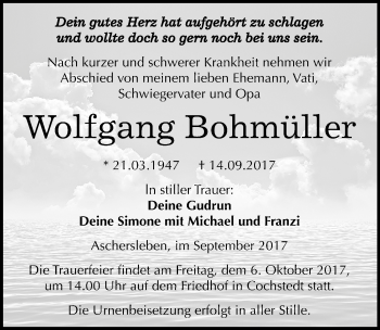 Traueranzeige von Wolfgang Bohmüller von Mitteldeutsche Zeitung Aschersleben