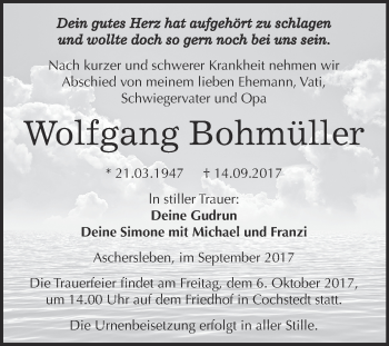 Traueranzeige von Wolfgang Bohmüller von Super Sonntag Aschersleben