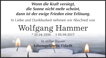 Traueranzeige von Wolfgang Hammer von Super Sonntag Bernburg