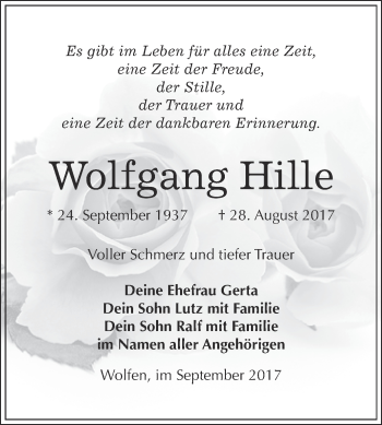 Traueranzeige von Wolfgang Hille von WVG - Wochenspiegel Bitterfeld