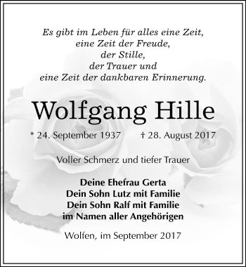 Traueranzeige von Wolfgang Hille von Mitteldeutsche Zeitung Bitterfeld