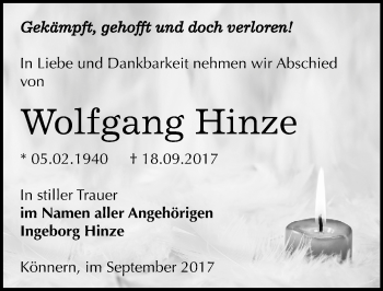 Traueranzeige von Wolfgang Hinze von Mitteldeutsche Zeitung Bernburg