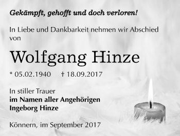 Traueranzeige von Wolfgang Hinze von Mitteldeutsche Zeitung Bernburg
