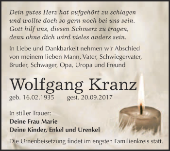Traueranzeige von Wolfgang Kranz von WVG - Wochenspiegel Wittenberg