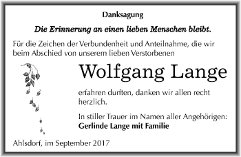 Traueranzeige von Wolfgang Lange von Mitteldeutsche Zeitung Mansfelder Land