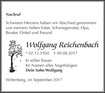 Traueranzeige von Wolfgang Reichenbach von WVG - Wochenspiegel Wittenberg