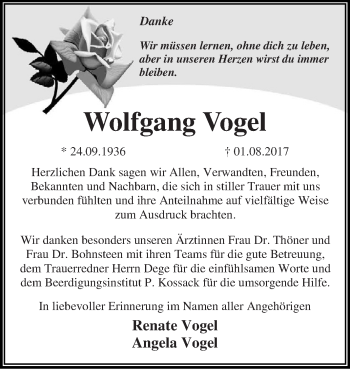 Traueranzeige von Wolfgang Vogel von WVG - Wochenspiegel Dessau / Köthen