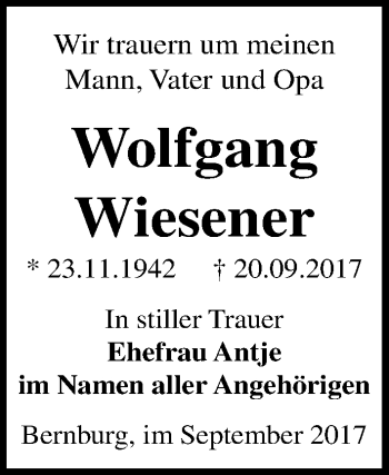 Traueranzeige von Wolfgang Wiesener von Mitteldeutsche Zeitung Bernburg