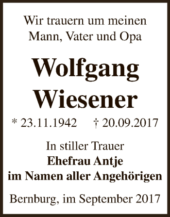 Traueranzeige von Wolfgang Wiesener von Super Sonntag Bernburg