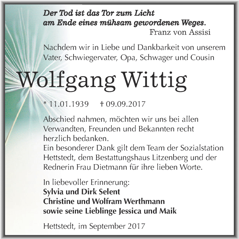  Traueranzeige für Wolfgang Wittig vom 27.09.2017 aus Wochenspiegel Mansfelder Land